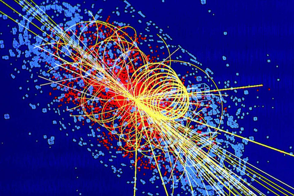 Simulação de uma colisão no LHC com produção de um bóson de Higgs