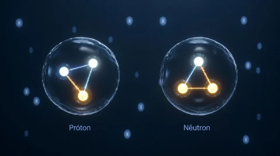 Esquema do próton e do nêutron, cada um formado por três quarks
